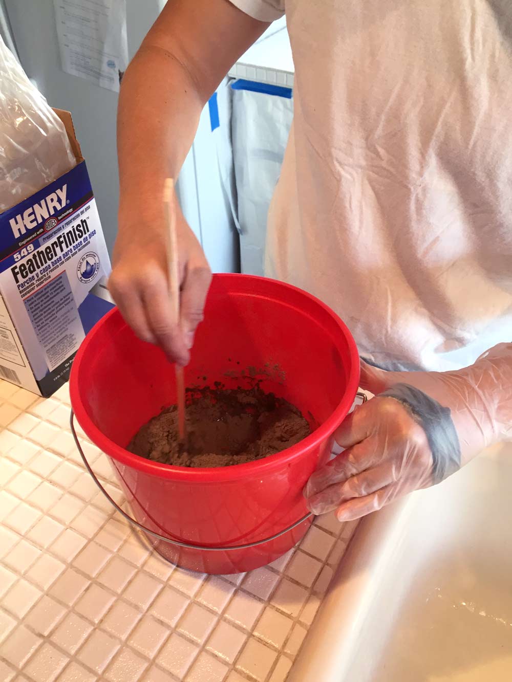Mixing Henry Feather Finish to use for DIY feather finish concrete over tile counters