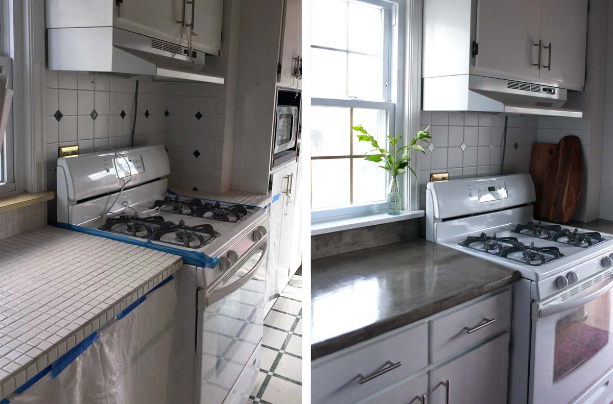 Feather Finish Concrete Over Tile Counters And Then We Tried Before And After Diy Feather Finish Concrete Over Tile Counters